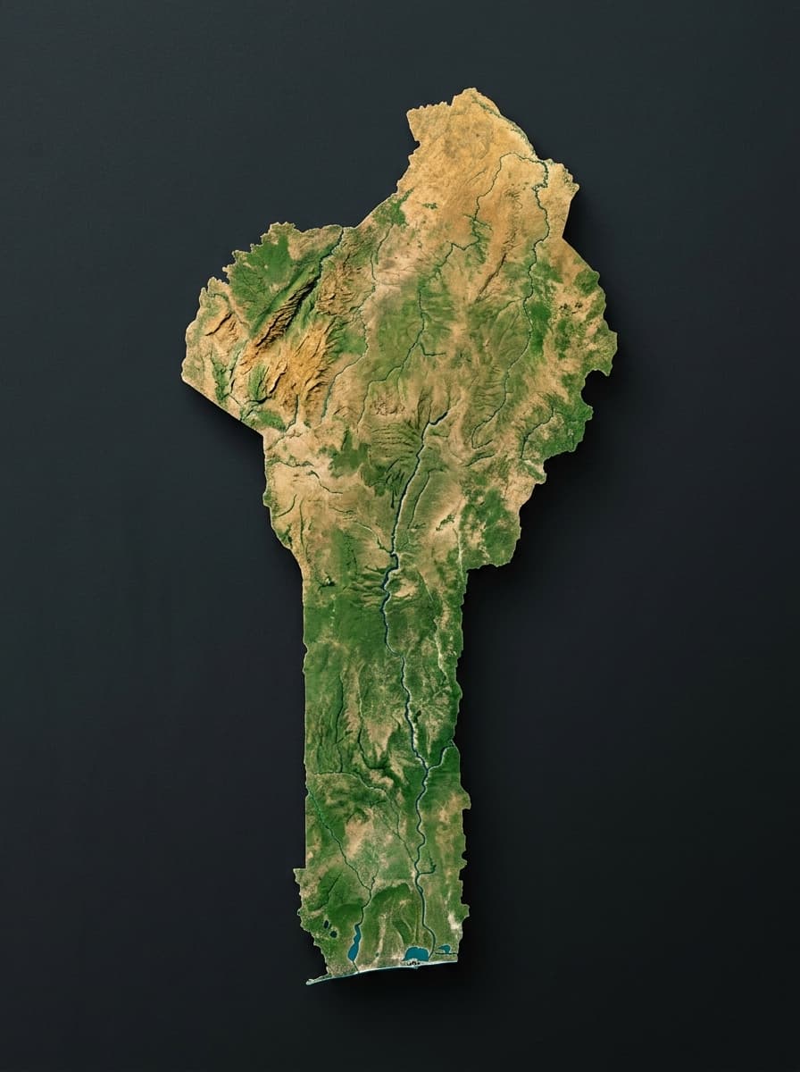 Véritable carte photographique en relief 3D du Bénin